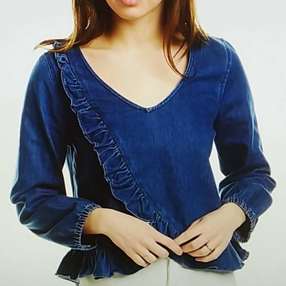 Madewell blue denim ruffle top new extra small